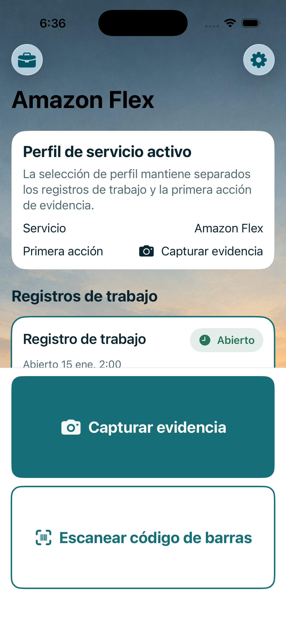 Delividence Capture screen in Spanish with large Capturar evidencia and Escanear código de barras actions.
