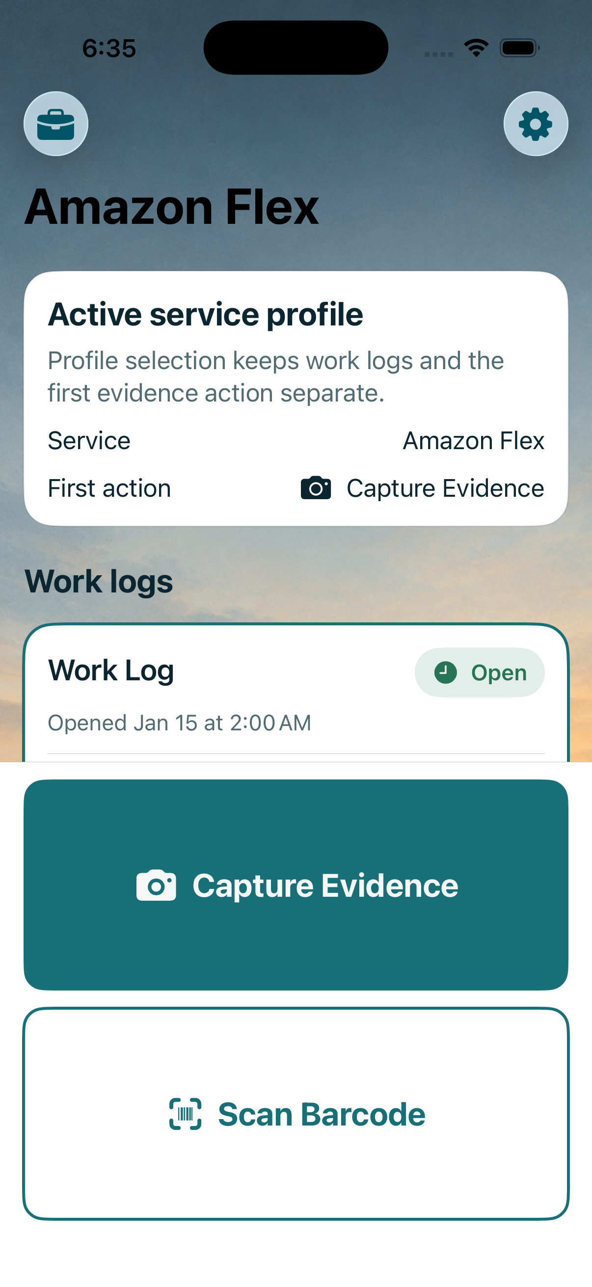 Delividence Capture screen showing an Amazon Flex service profile, an open work log, and large Capture Evidence and Scan Barcode buttons.