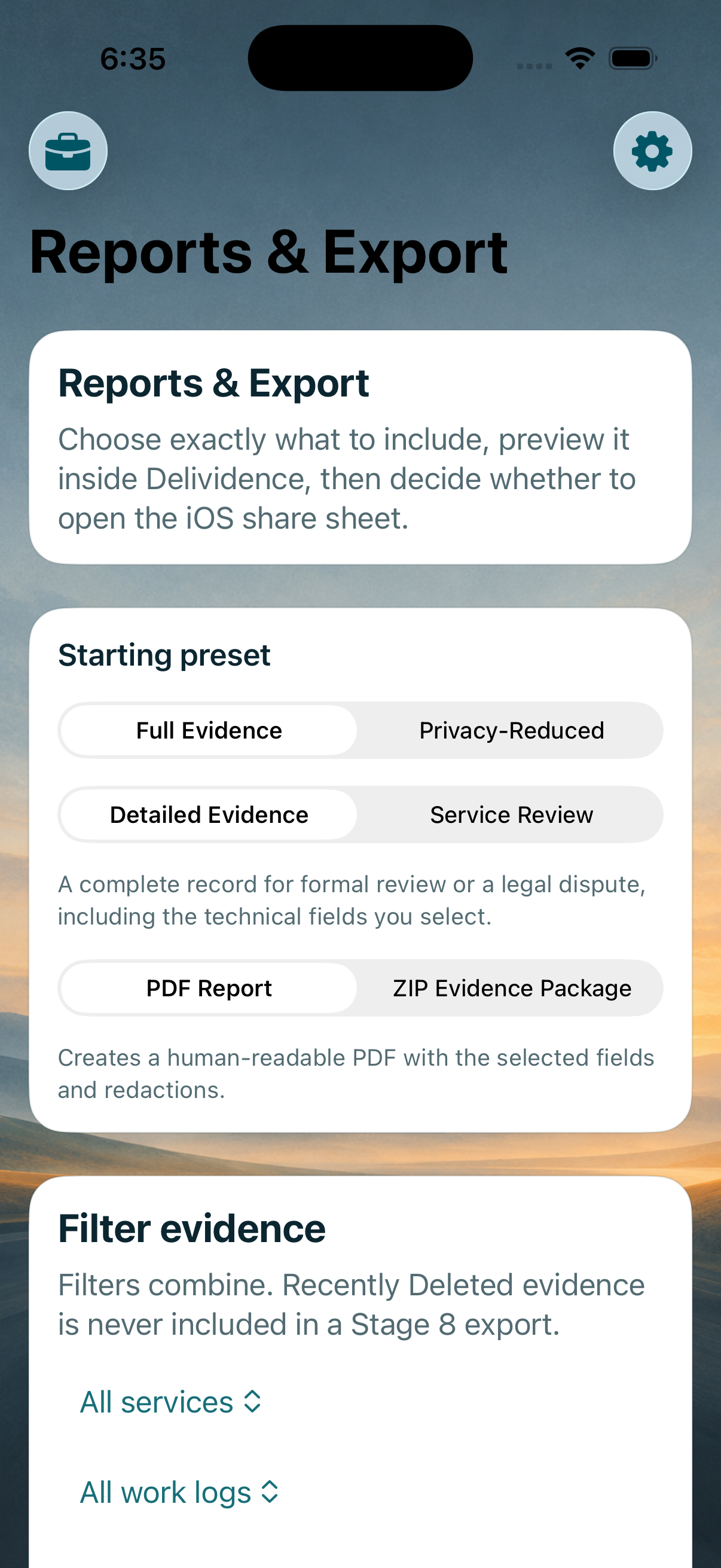 Delividence Reports and Export screen showing report type, format, and evidence-filter choices.