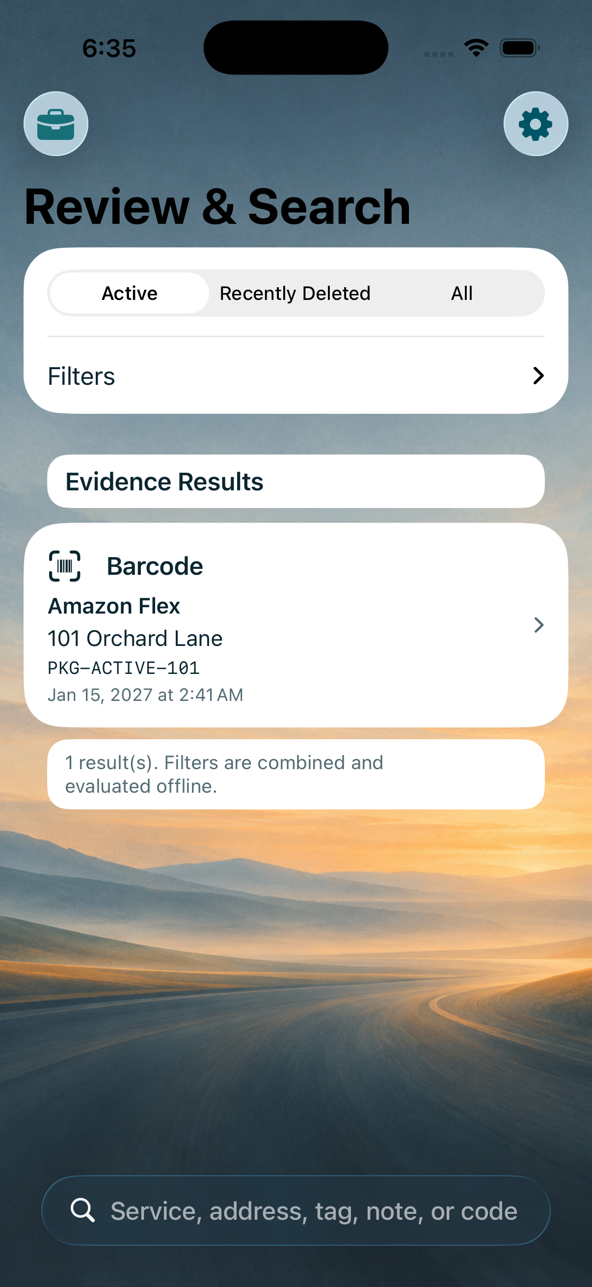 Delividence Review and Search screen showing an evidence result over the Road Dawn theme.