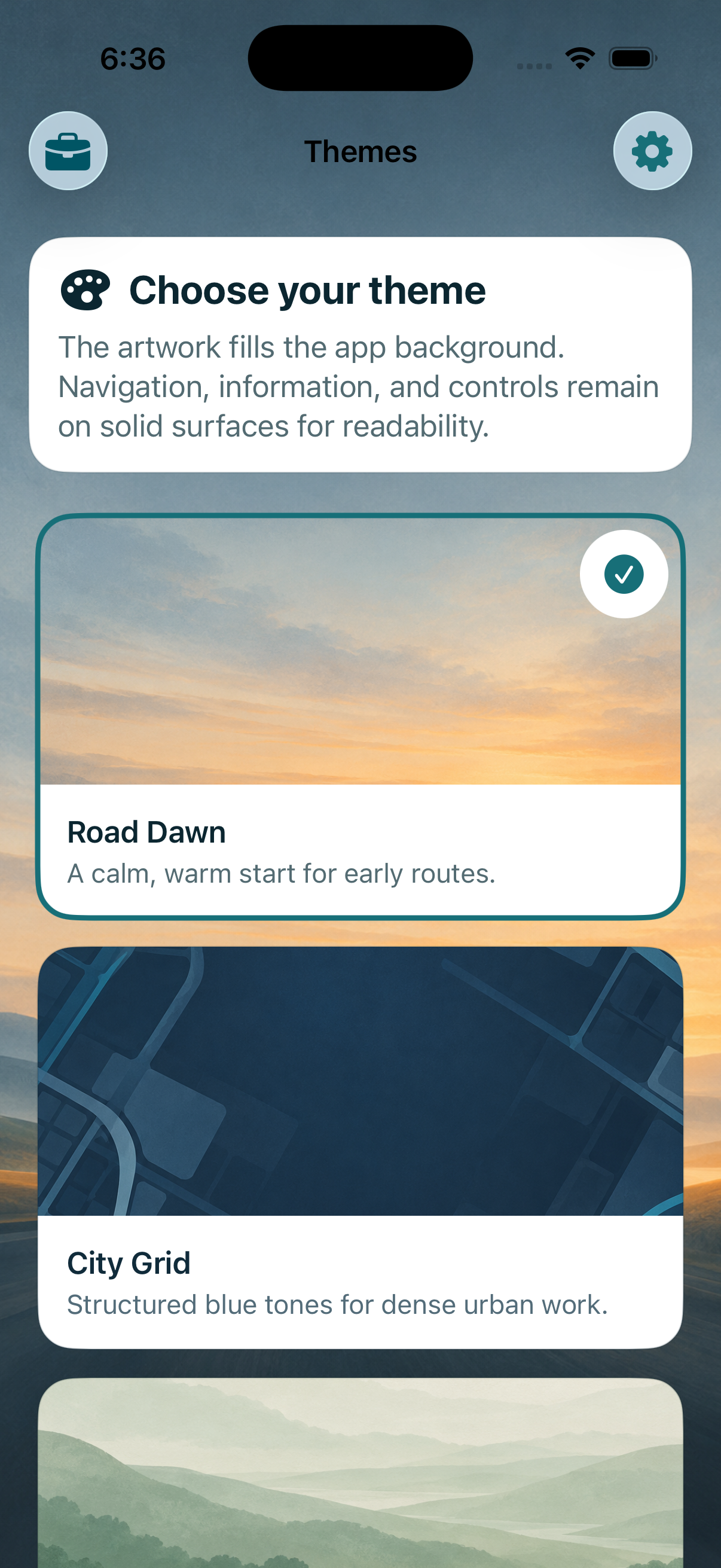 Delividence theme gallery showing Road Dawn, City Grid, and Forest Route artwork.