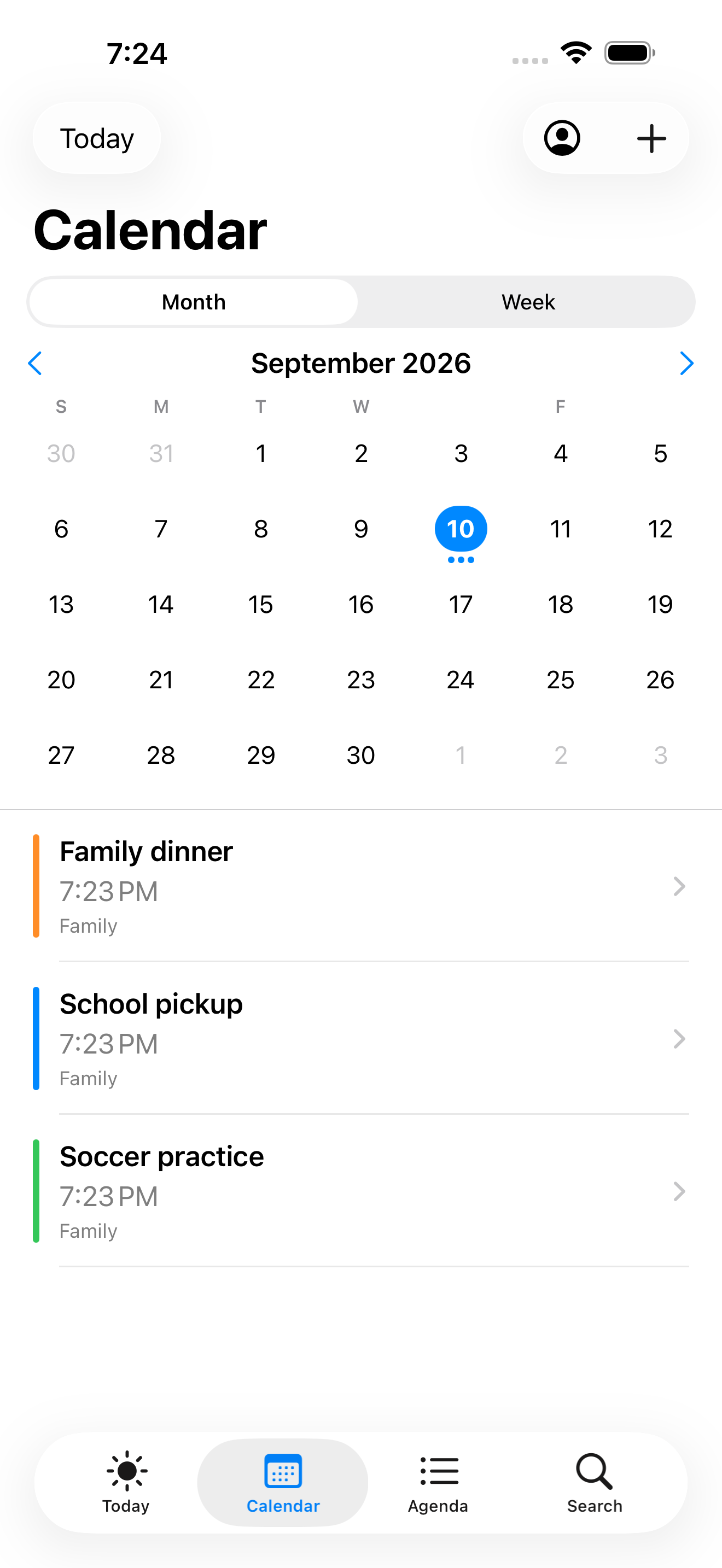 KithPlan Calendar screen showing a September 2026 month view and three events.