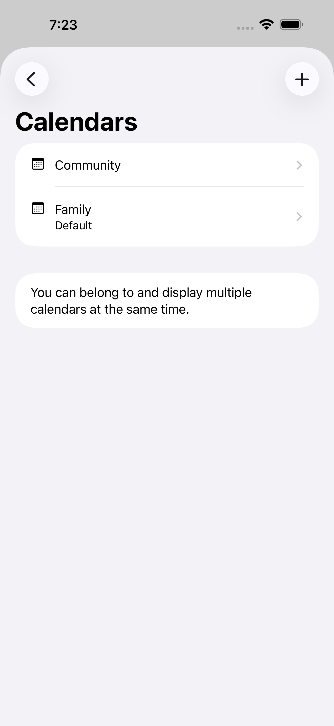KithPlan Calendars screen showing Community and Family calendars.
