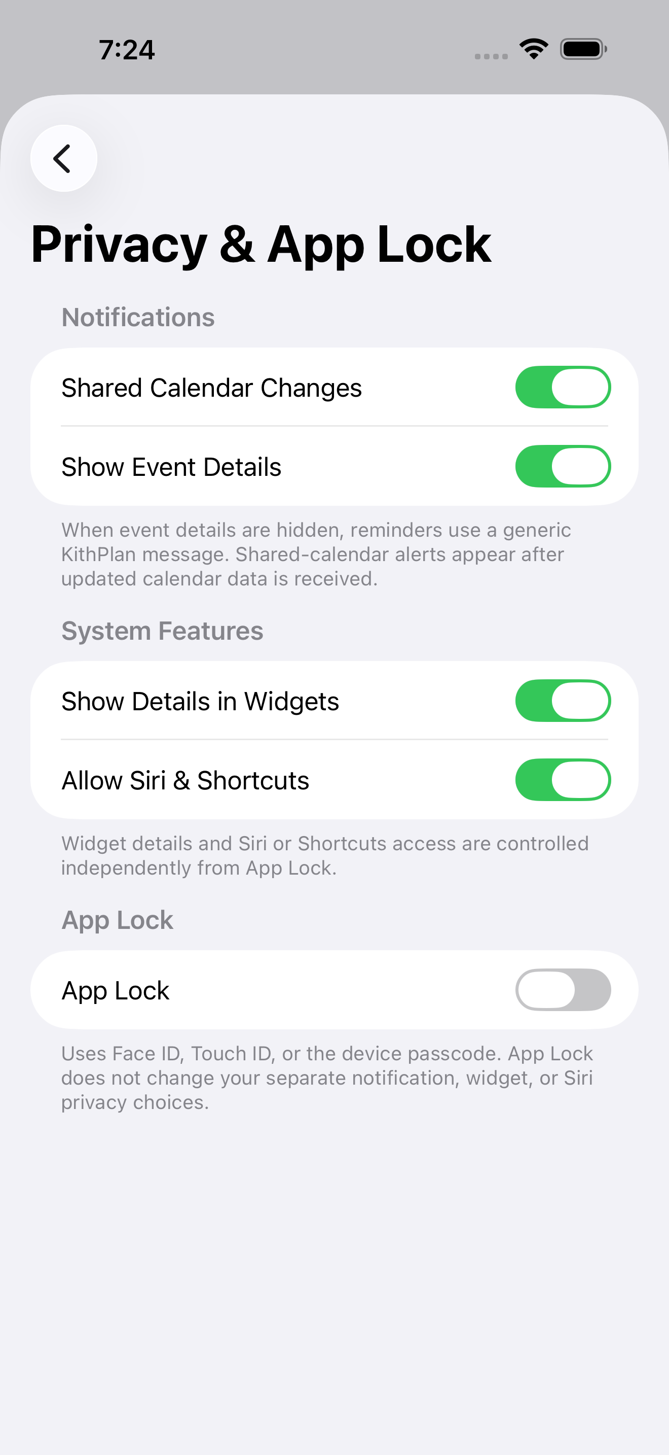 KithPlan Privacy and App Lock screen with notification, widget, Siri, Shortcuts, and App Lock controls.