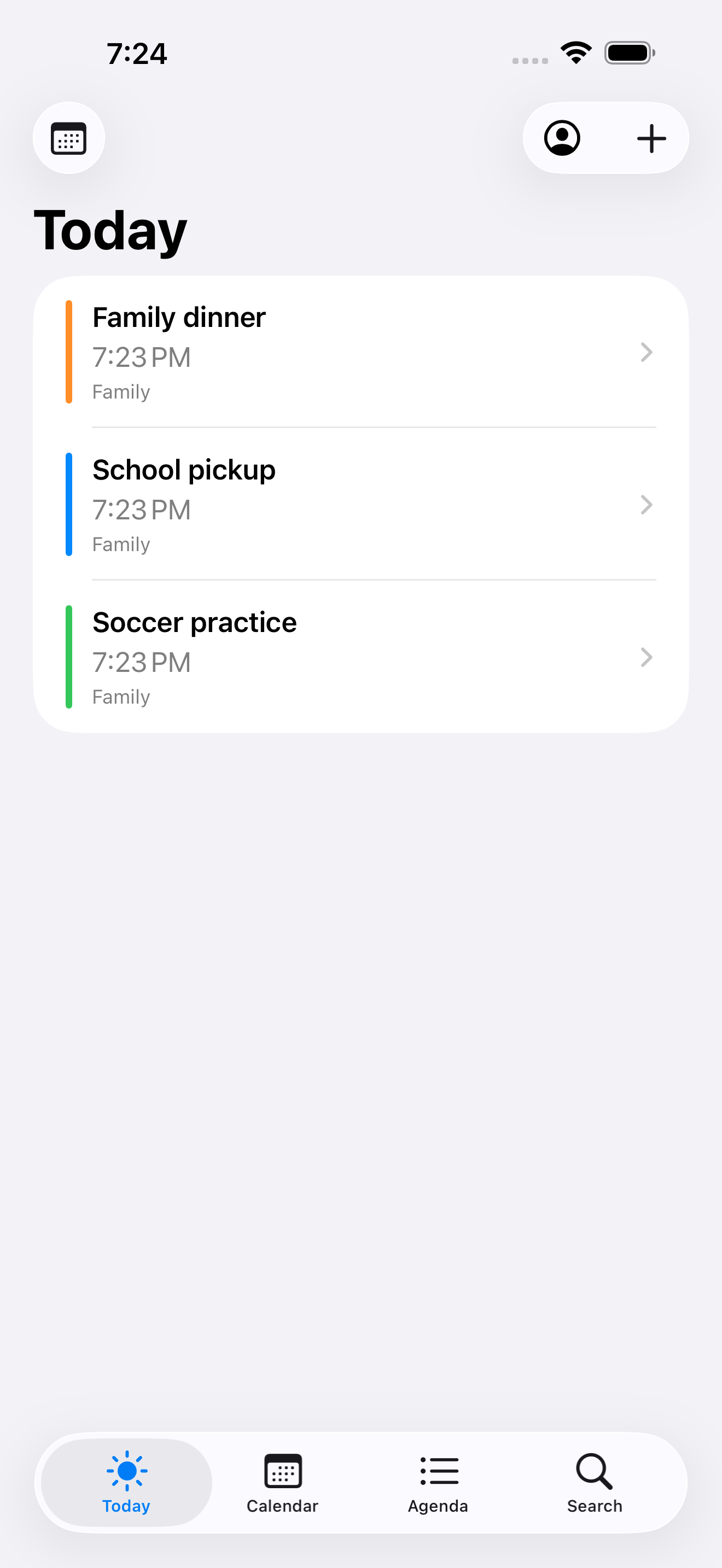 KithPlan Today screen showing three color-coded events in a Family calendar.